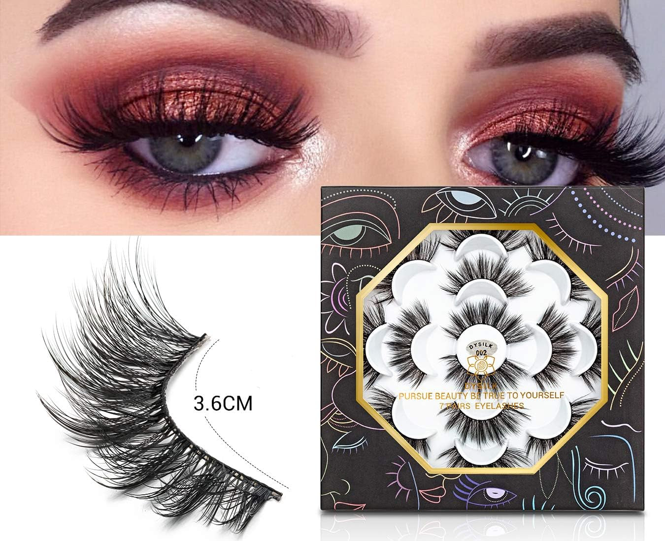 7 Pairs 6D Mink Eyelashes Faux Wispy Natural False Eyelashes Fluffy Dramatic Look Eyelashes Long Extension Makeup Lashes Handmade Reusable Thick Lashes No Glue (002)