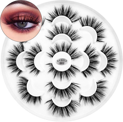 7 Pairs 6D Mink Eyelashes Faux Wispy Natural False Eyelashes Fluffy Dramatic Look Eyelashes Long Extension Makeup Lashes Handmade Reusable Thick Lashes No Glue (002)